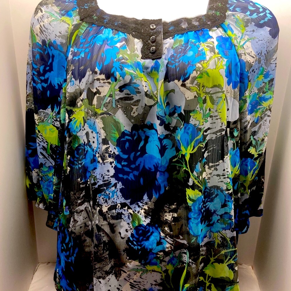 John Paul Richard top sheer shirt blouse, XL, 3/4 sleeves, Black lace boat neck